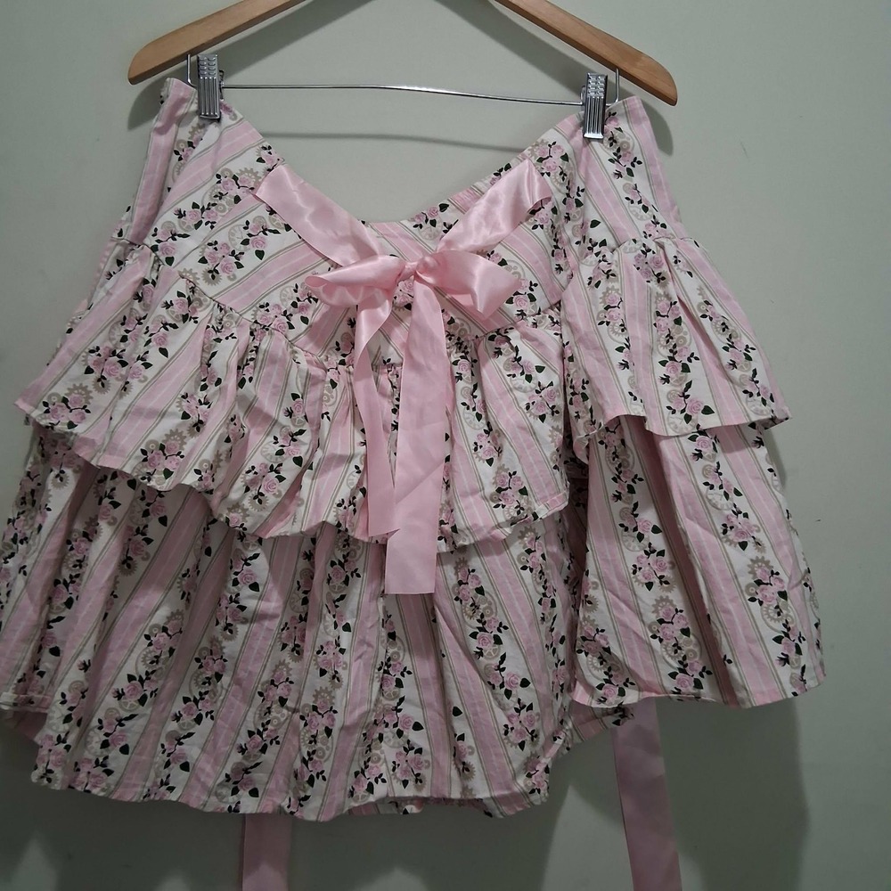 Hot Topic Pink Floral Stripe Tiered Ruffle Mini Skirt Satin Bow Steampunk Size 2